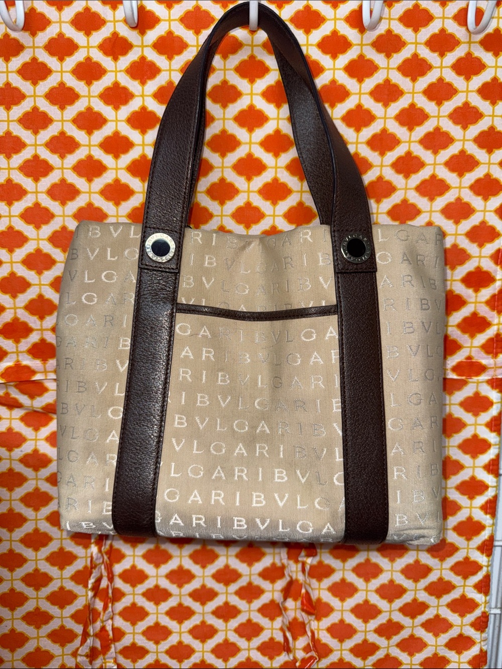 Bvlgari Beige Logo Canvas Tote with Dark Brown Leather Straps